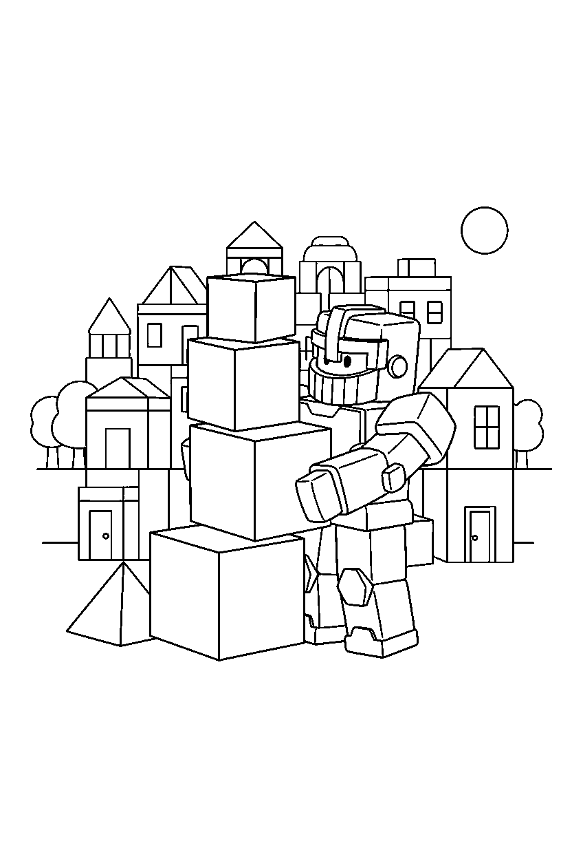 roblox cube warrior stacking blocks in a block village line art