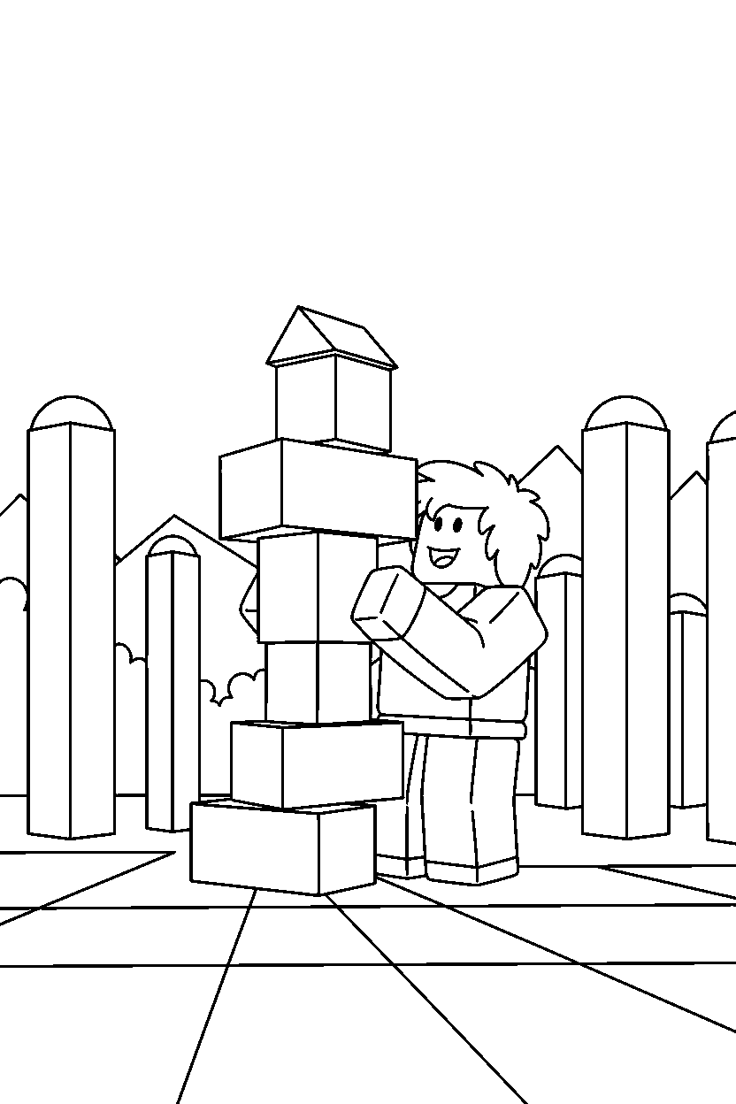 roblox cute avatar building with blocks in a block forest line art