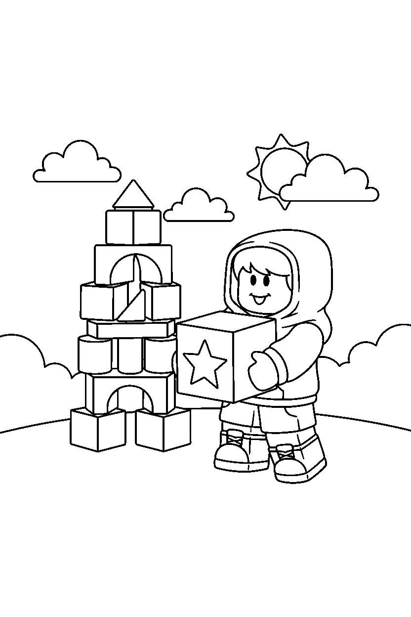 roblox cute avatar carrying a block near a block tower line art