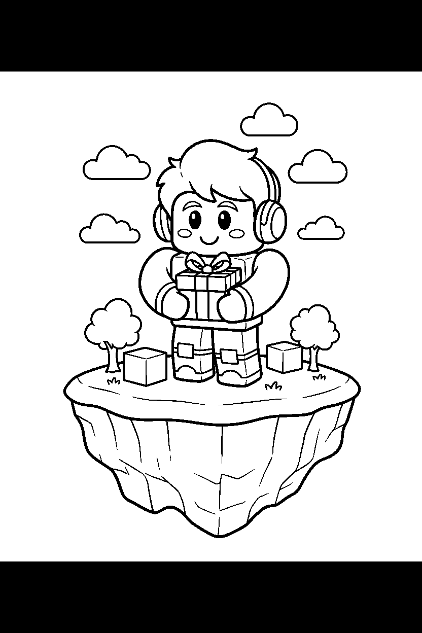 roblox cute avatar holding a small gift on a block island line art
