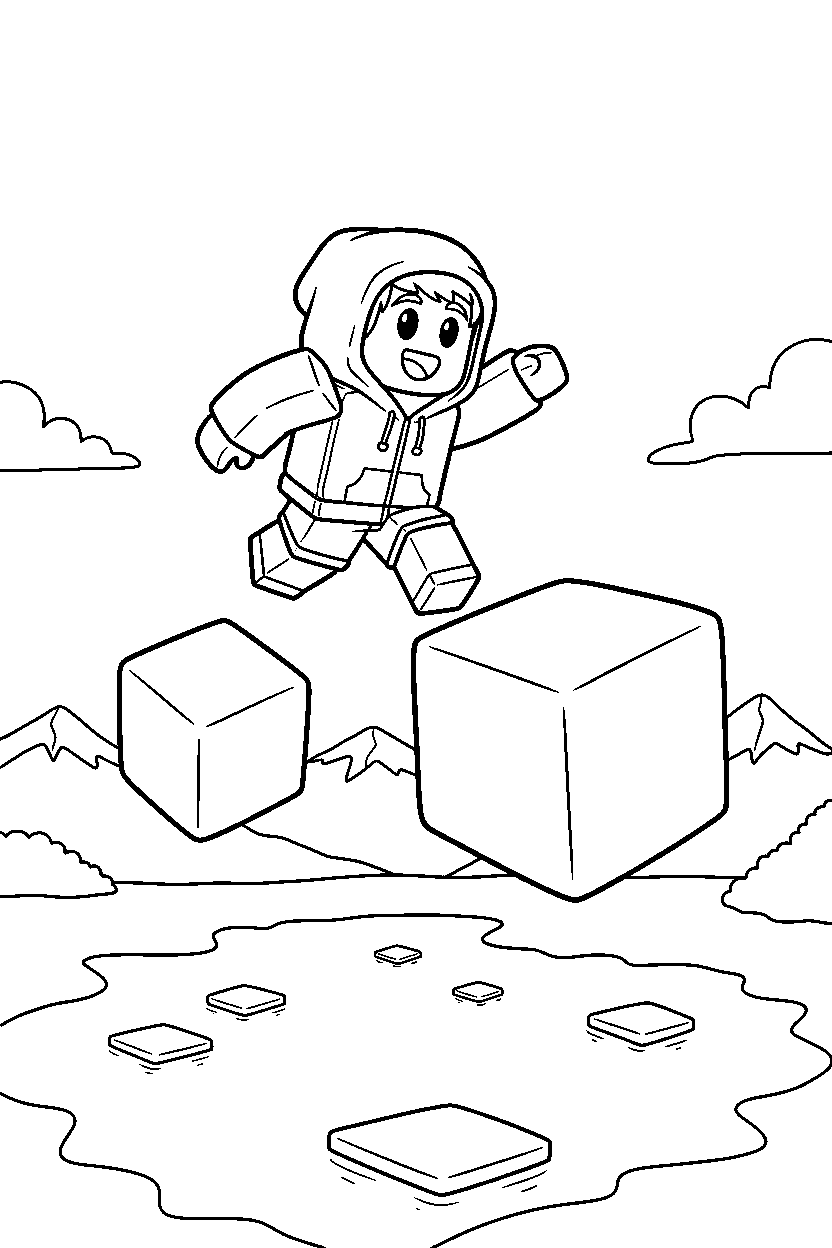 roblox cute avatar jumping between blocks near a block lake line art