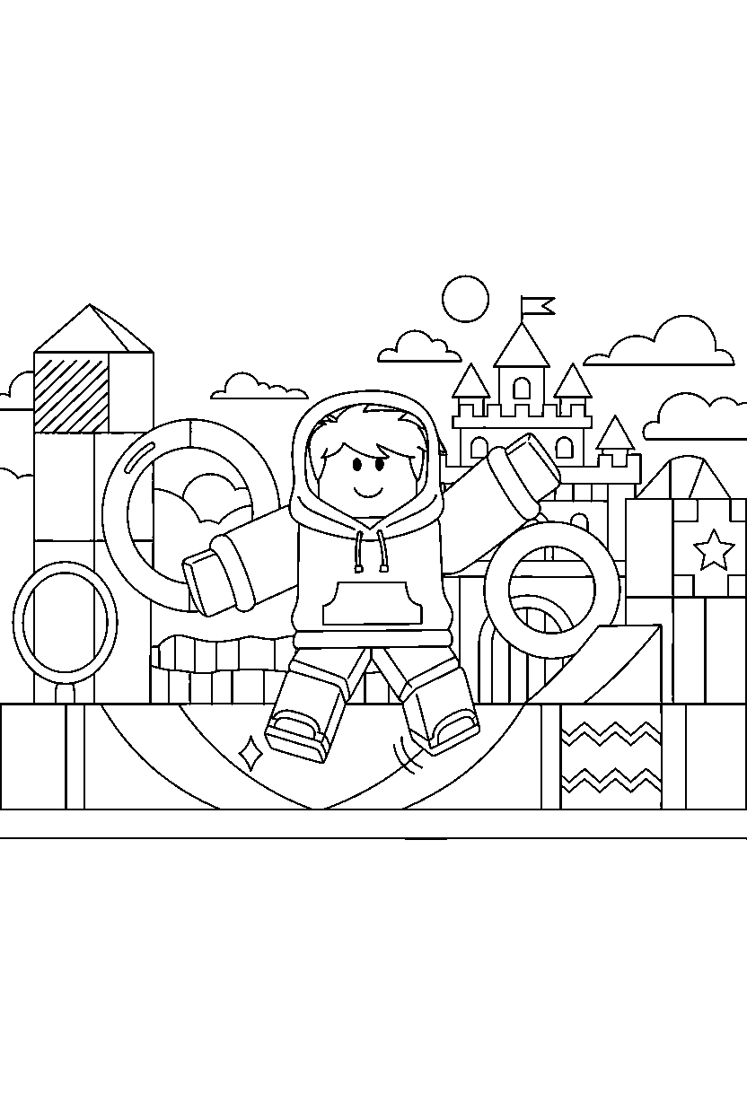 roblox cute avatar jumping near a block adventure park line art