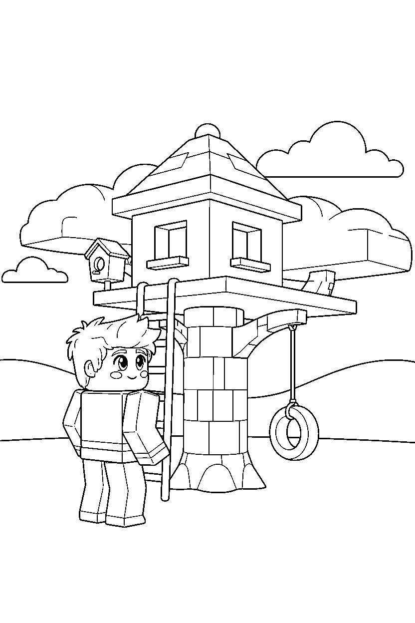 roblox cute avatar looking around near a block tree house line art