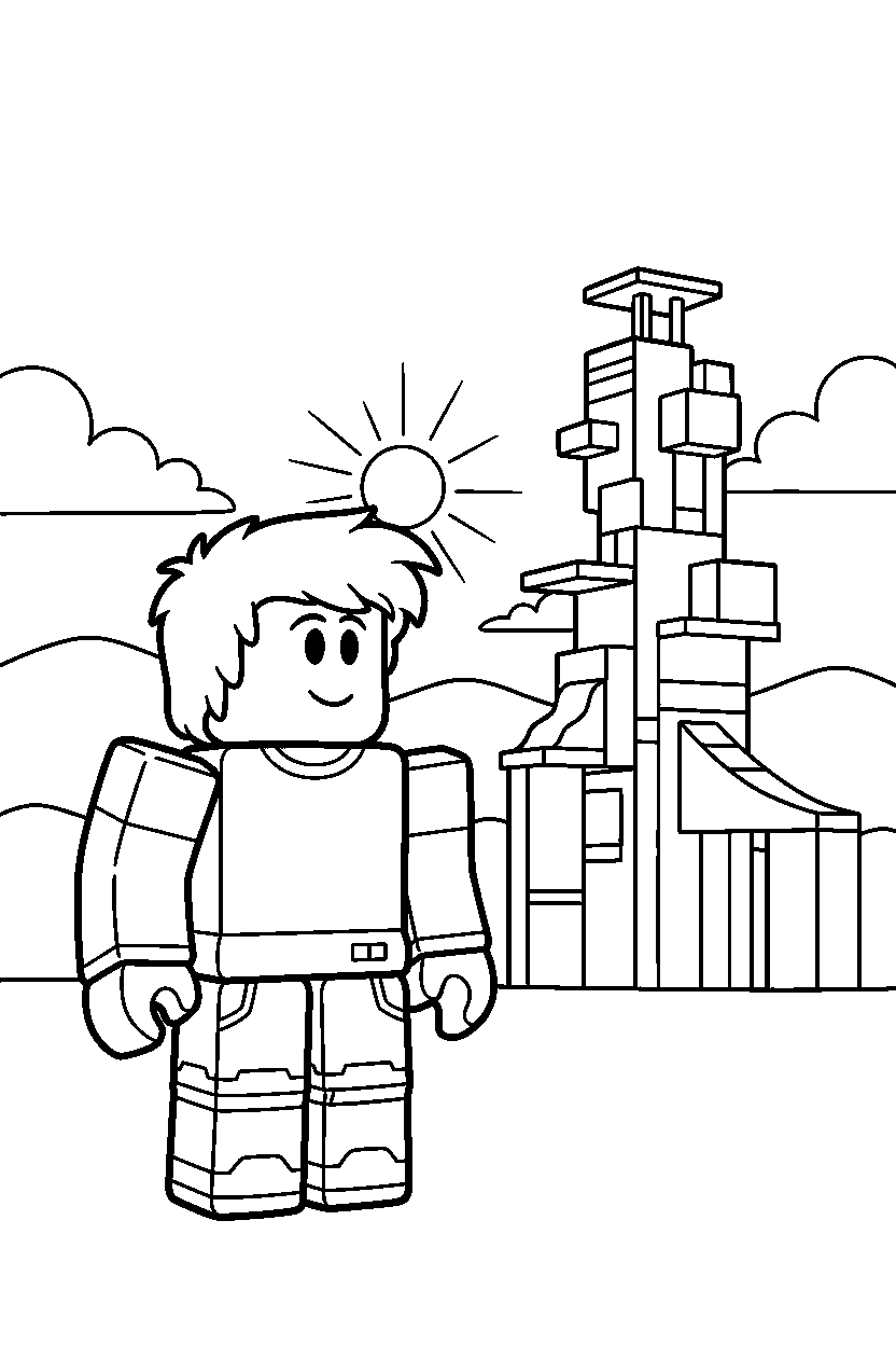 roblox cute avatar looking at the horizon near a block parkour tower line art