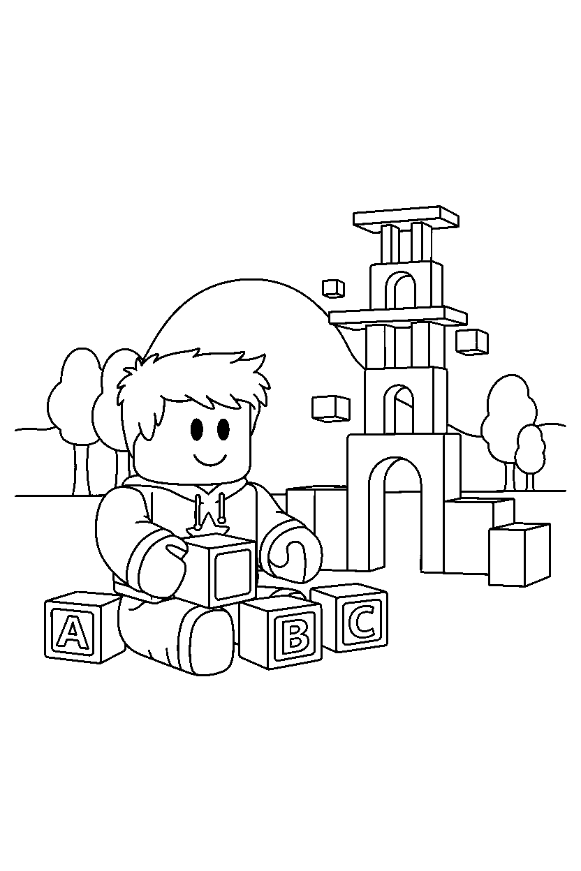 roblox cute avatar playing with blocks near a block parkour tower line art