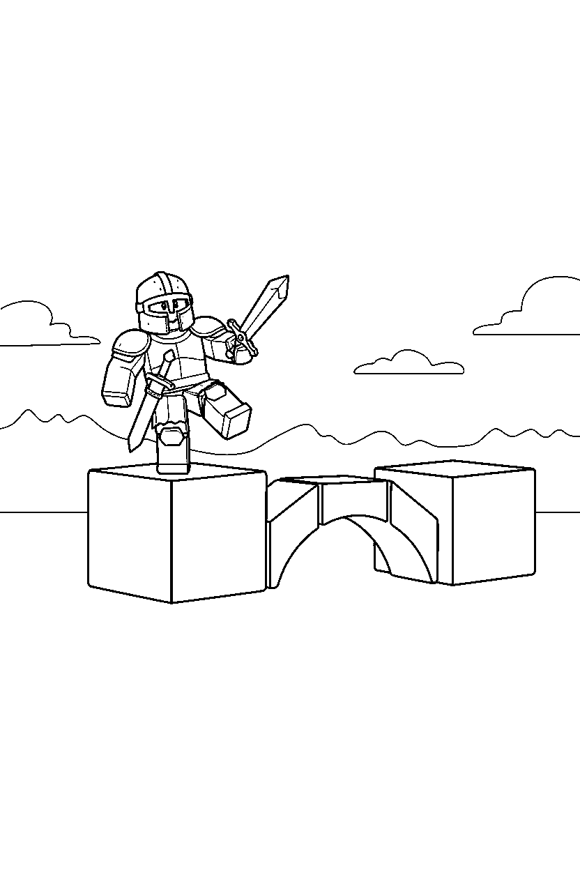 roblox defender balancing on a block near a block bridge crossing line art