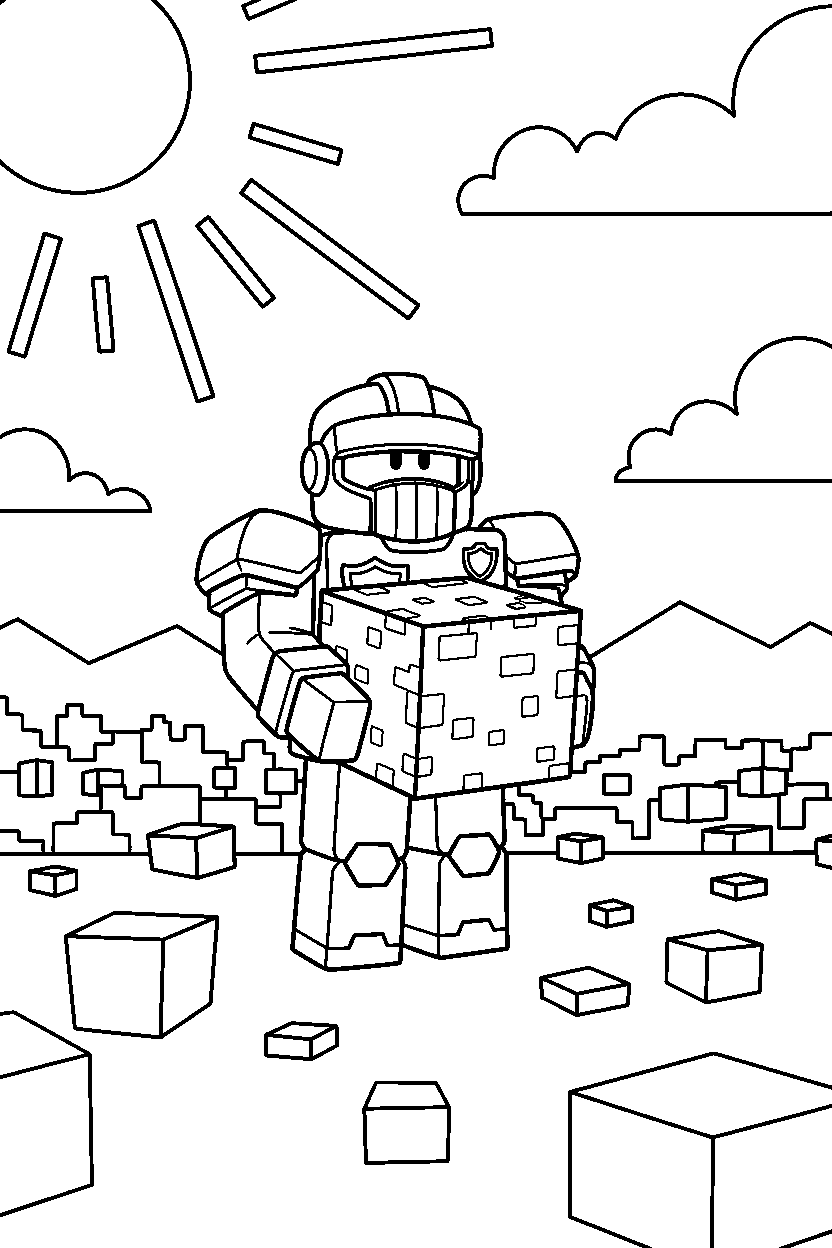 roblox defender carrying a block in a sunny block field line art
