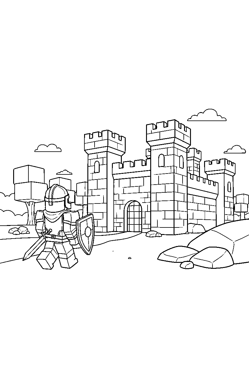 roblox defender exploring near a block castle line art
