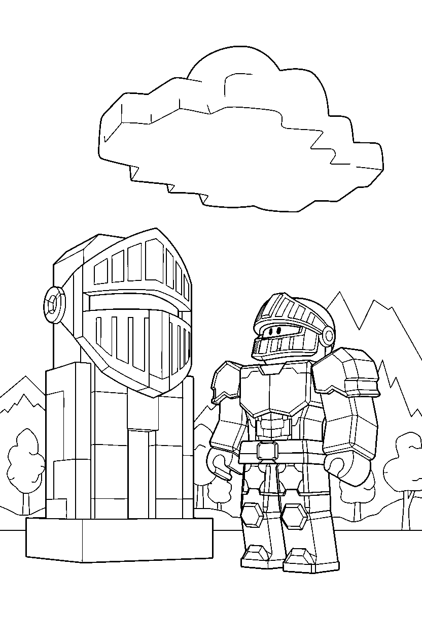 roblox defender watching the sky near a block statue line art