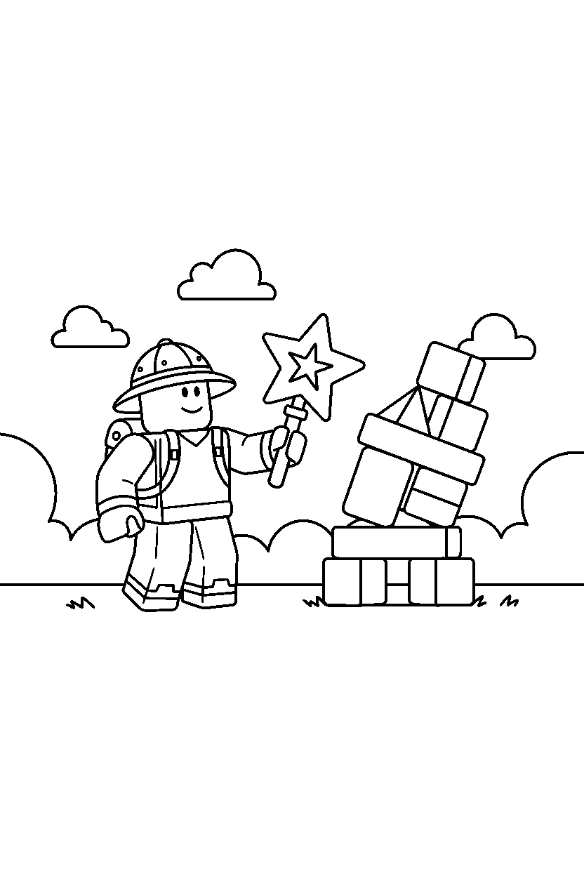 roblox explorer avatar holding a star near a block tower line art