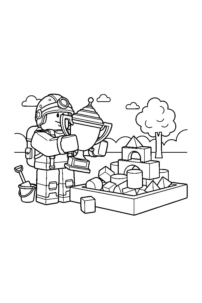roblox explorer avatar holding a trophy near a block sandbox line art