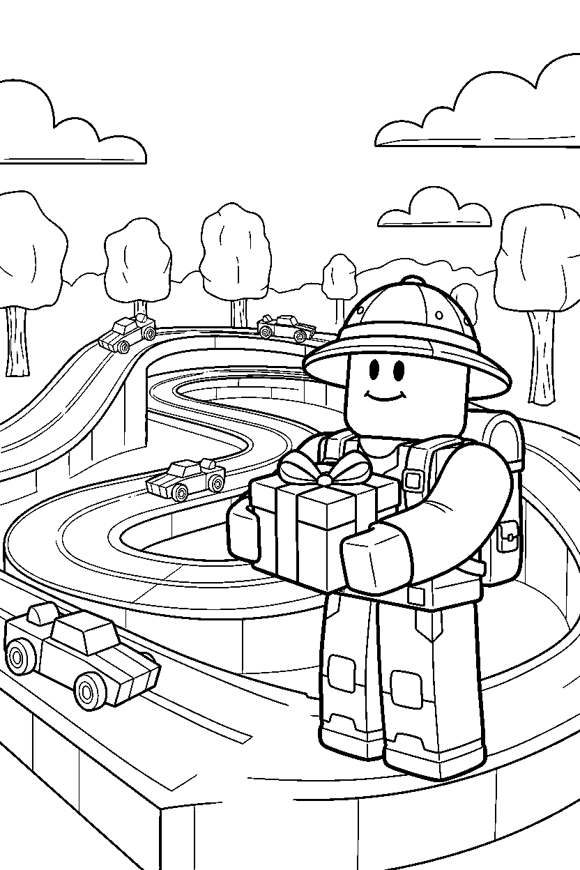 roblox explorer holding a small gift near a block race track line art