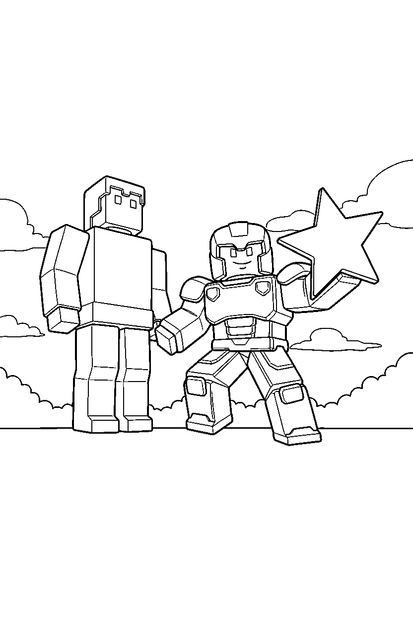 roblox fighter holding a star near a block statue line art