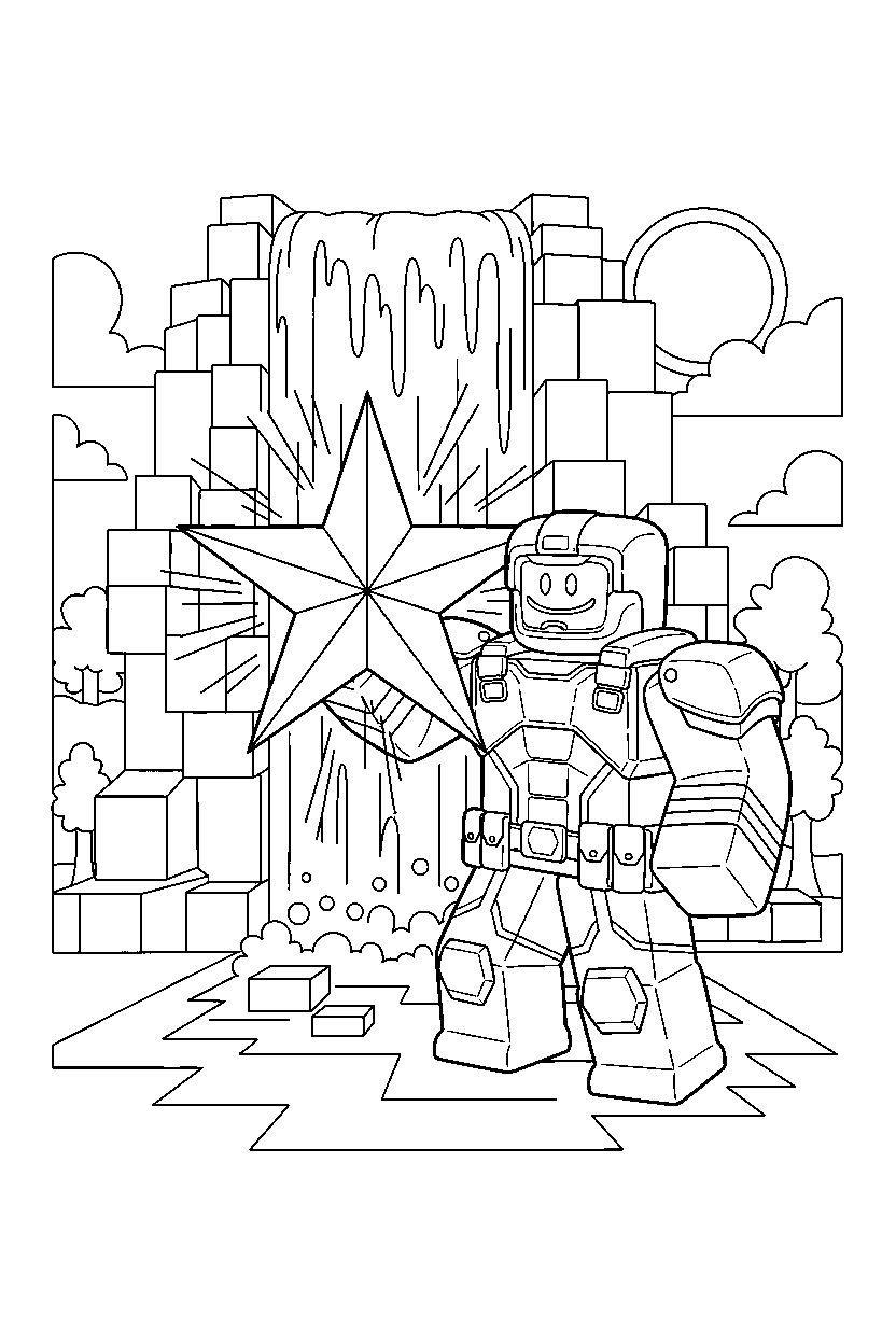 roblox fighter holding a star near a block waterfall line art