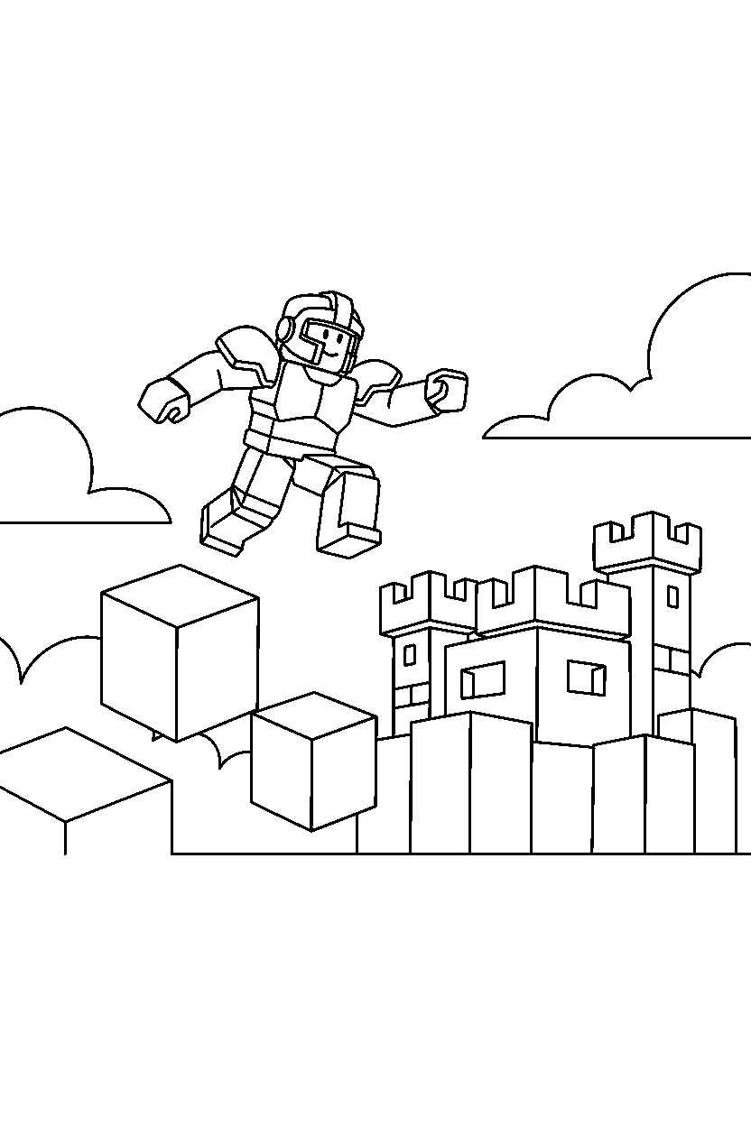 roblox fighter jumping between blocks near a block fort line art