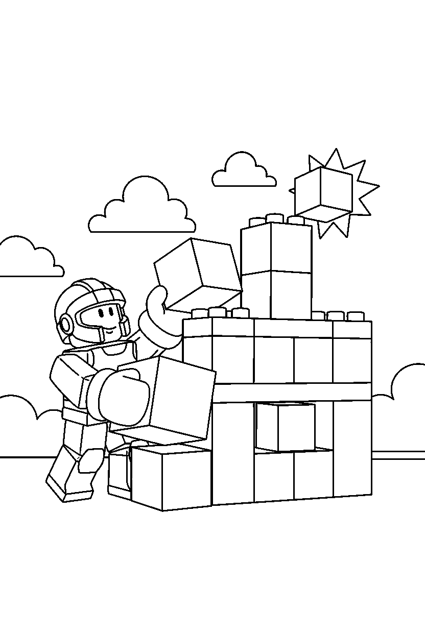 roblox fighter playing with blocks near a block square line art