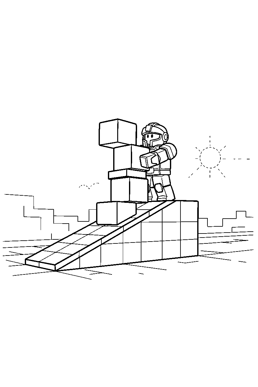 roblox fighter stacking blocks near a block ramp line art