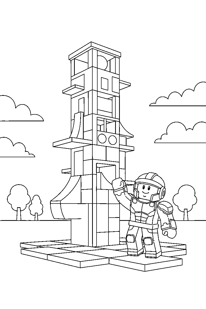 roblox fighter waving near a block parkour tower line art