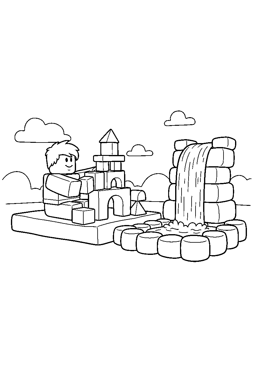 roblox friend building with blocks near a block waterfall line art