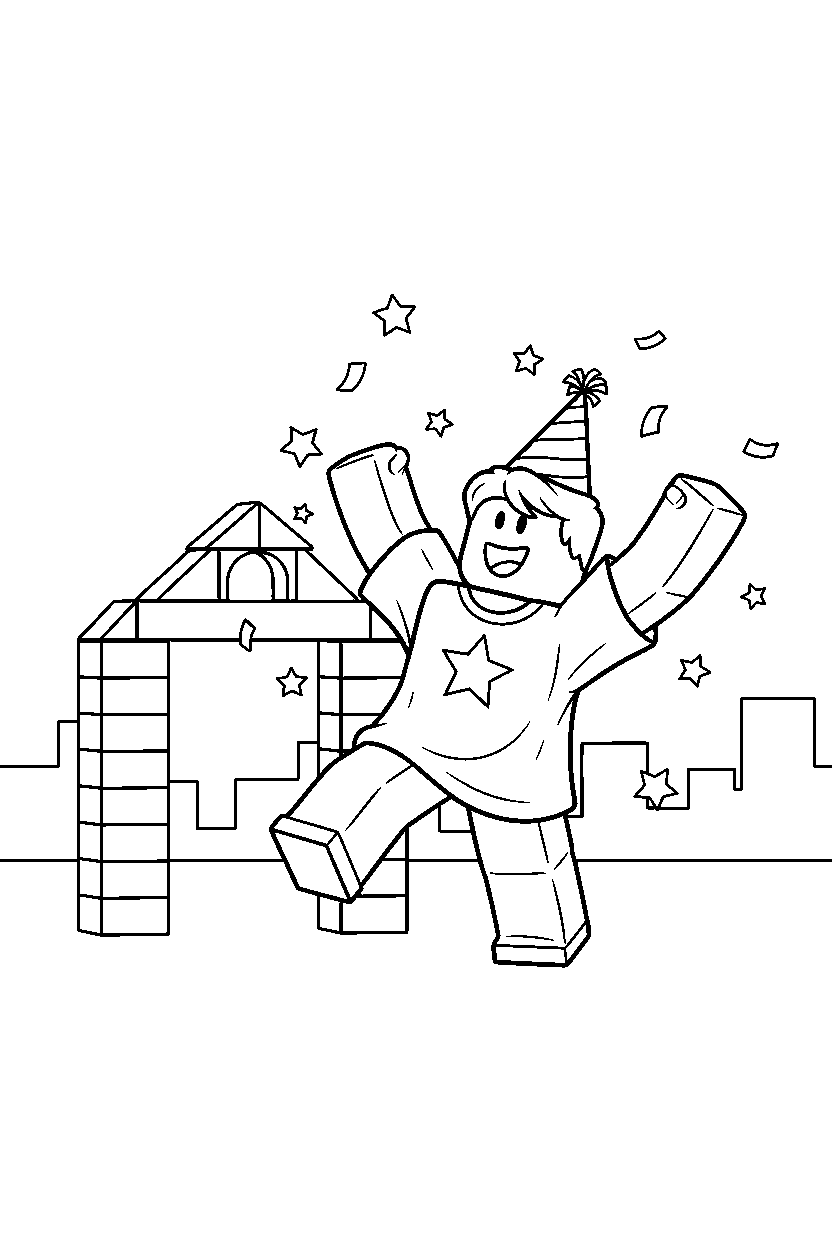 roblox friend celebrating victory near a block gate line art