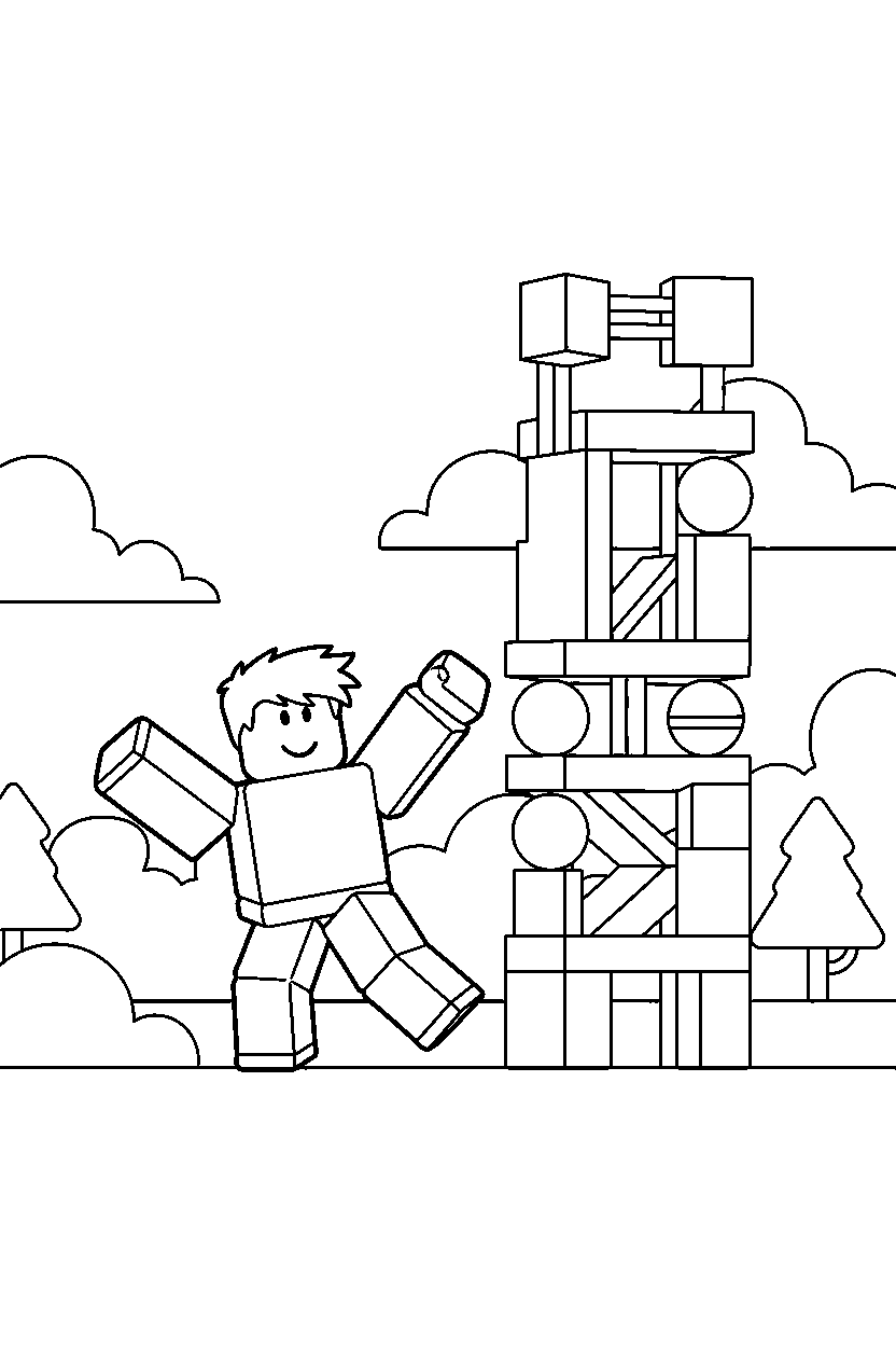 roblox friend dancing near a block parkour tower line art