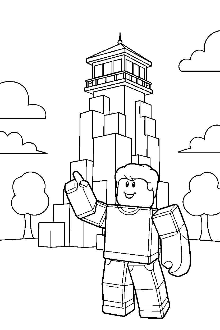 roblox friend exploring near a block lookout line art