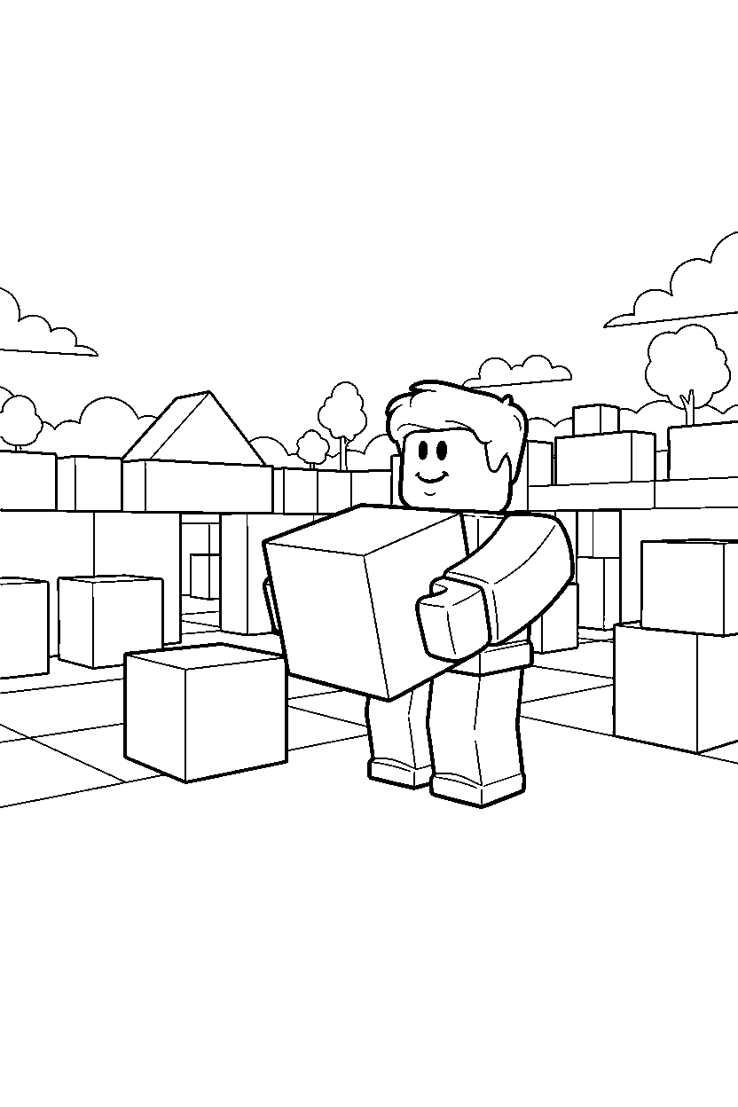 roblox friend holding a block near a block courtyard line art