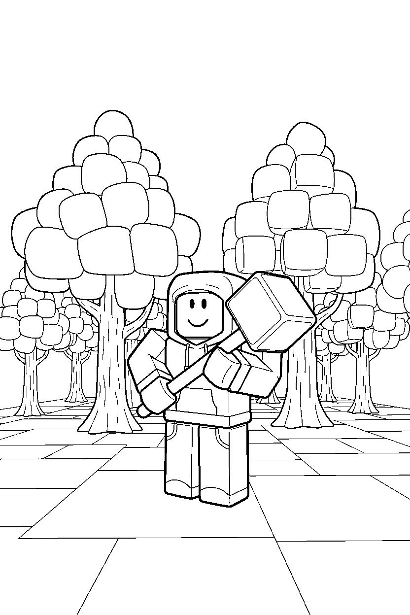 roblox friend holding a tool in a block forest line art