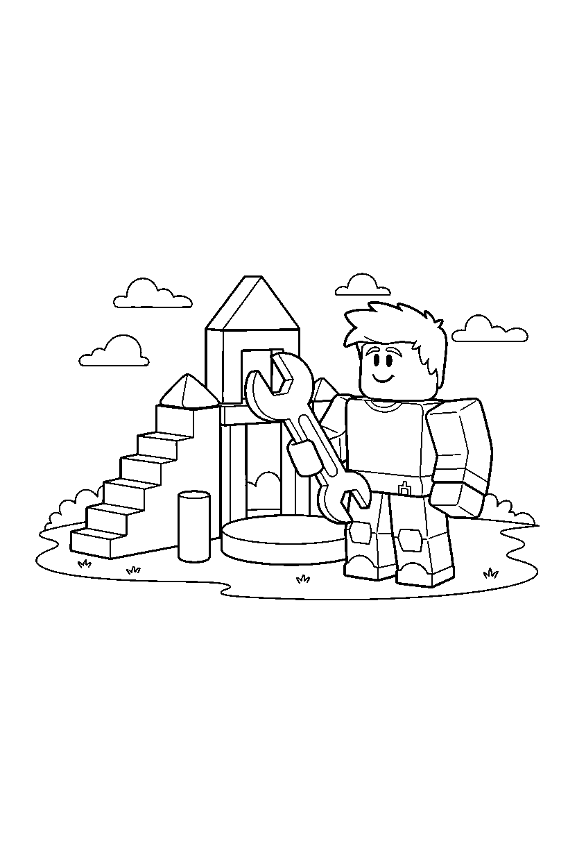 roblox friend holding a tool near a block adventure park line art