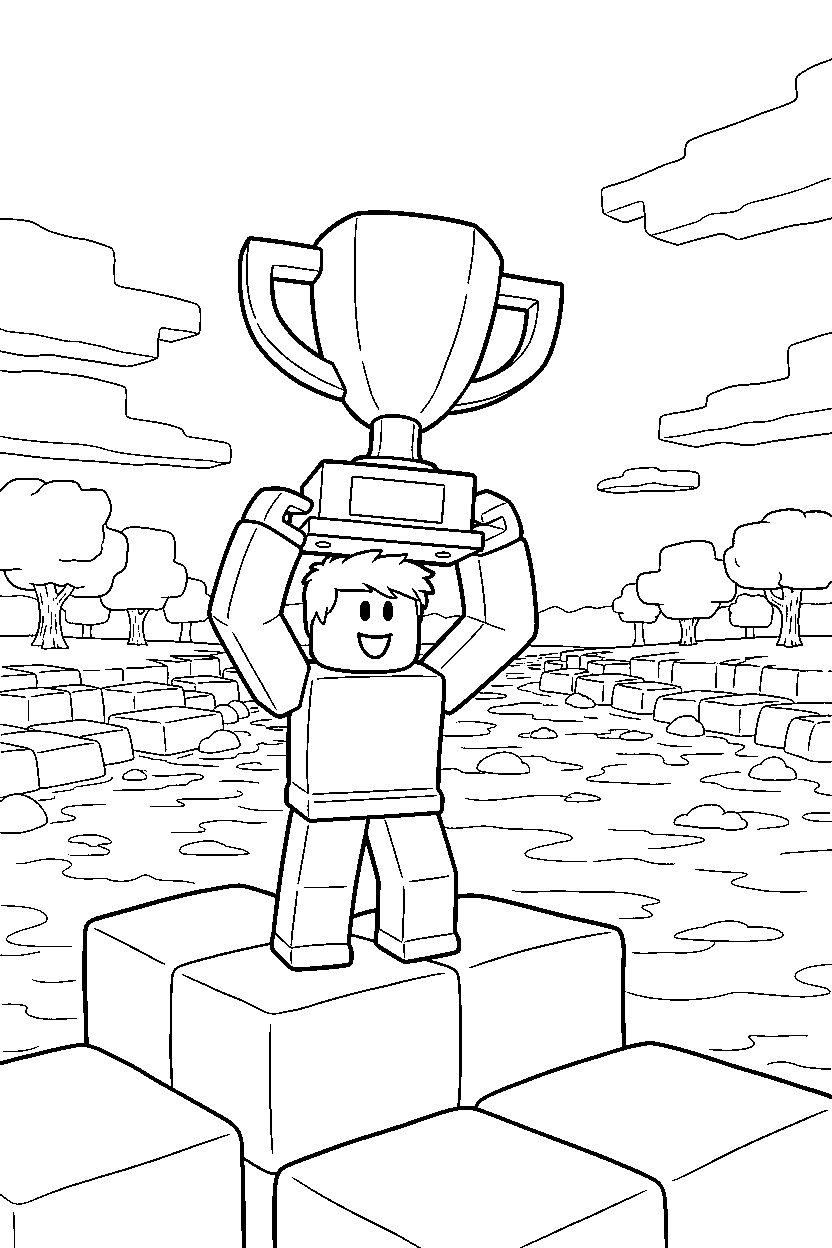roblox friend holding a trophy near a block riverbank line art