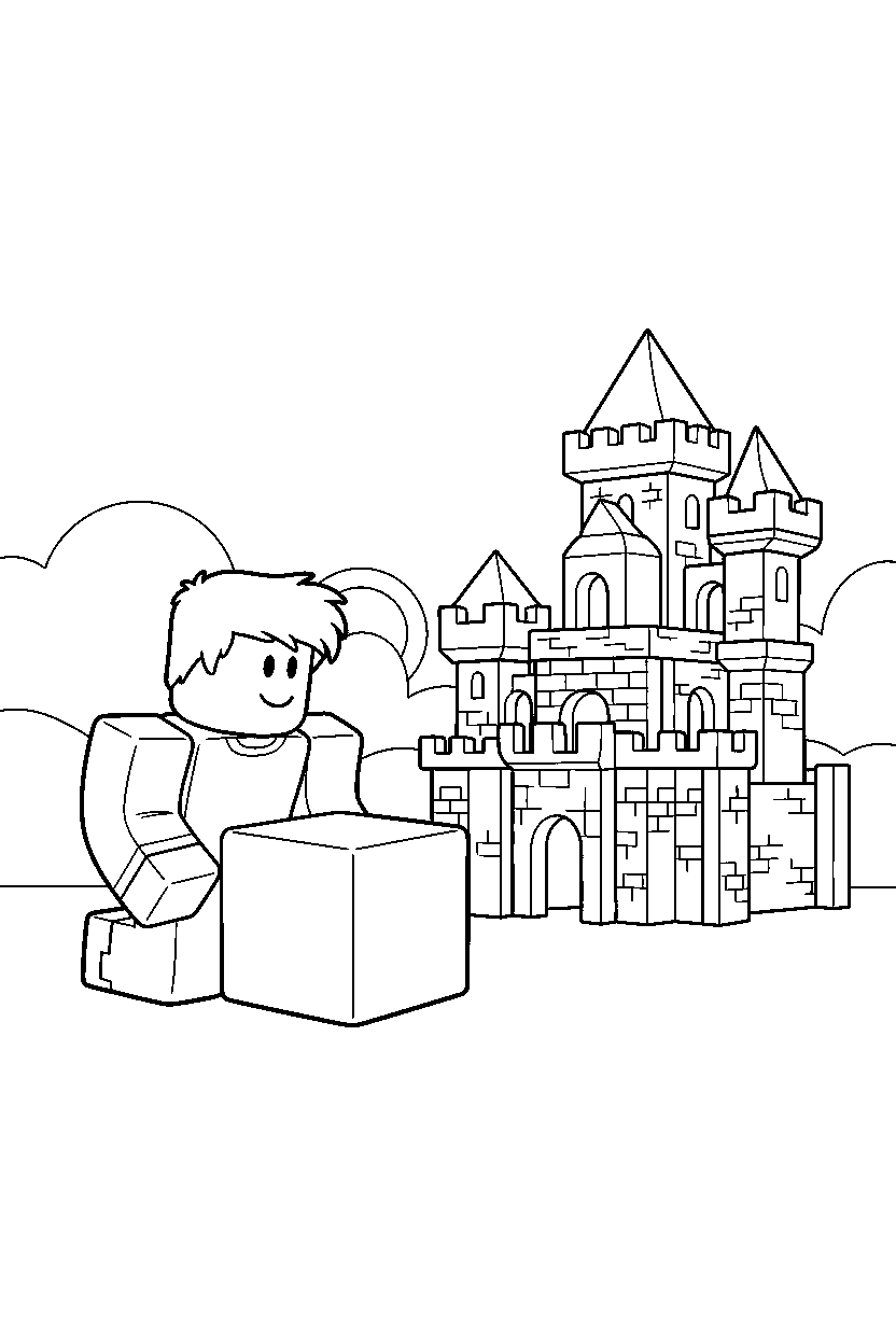 roblox friend looking at a block near a block castle line art