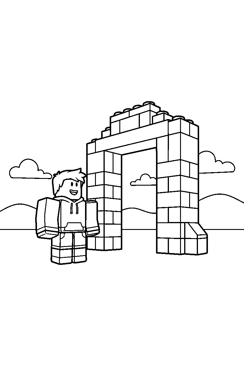 roblox friend looking up near a block gate entrance line art
