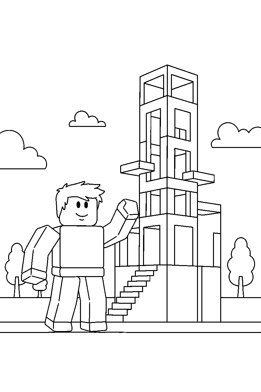 roblox friend raising a hand near a block parkour tower line art