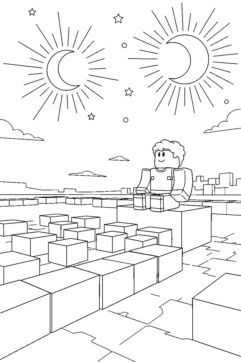 roblox friend watching the sky near a block obstacle field line art