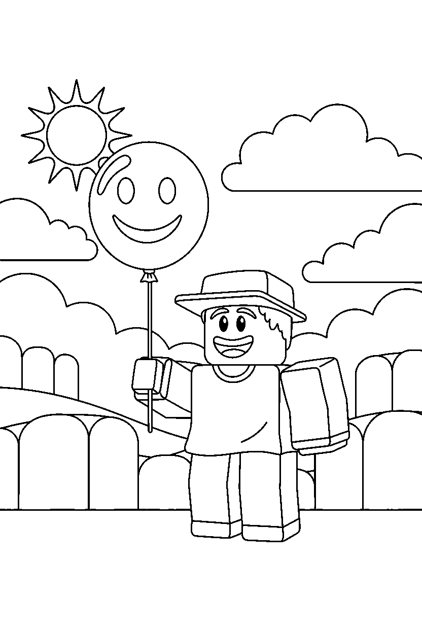 roblox funny avatar holding a balloon in a sunny block field line art