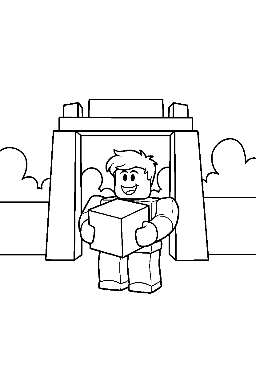 roblox funny avatar holding a cube near a block gate entrance line art