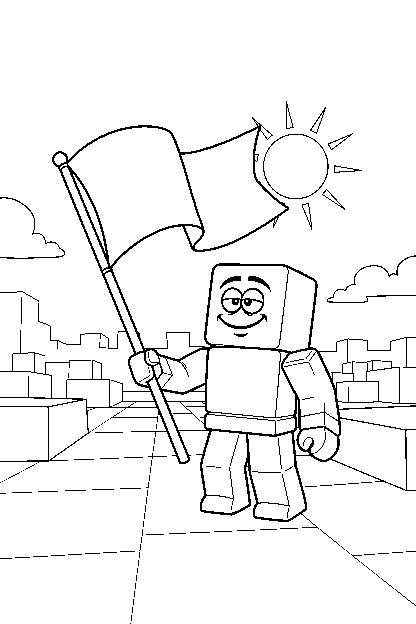 roblox funny avatar holding a flag in a sunny block field line art