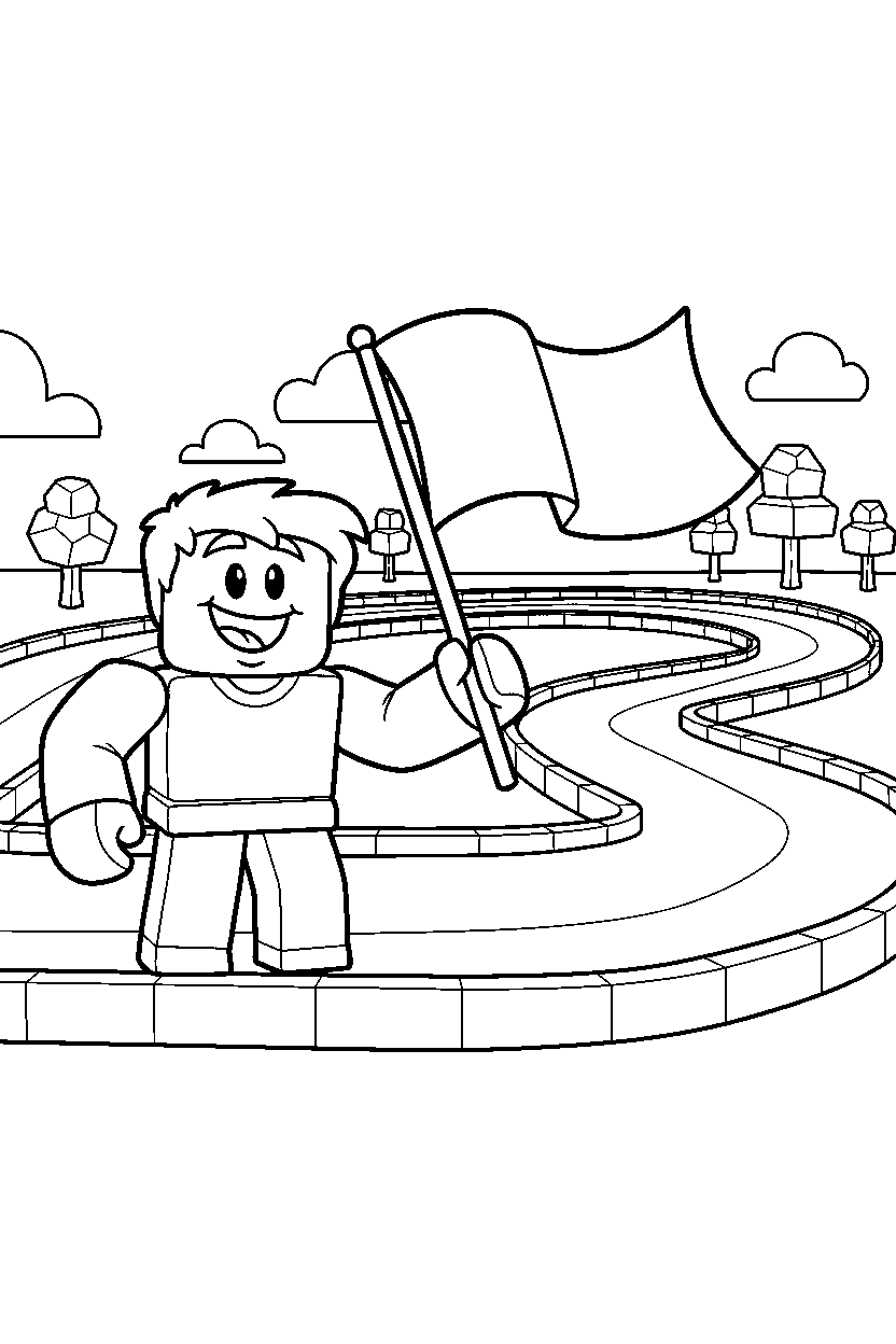 roblox funny avatar holding a flag near a block race track line art