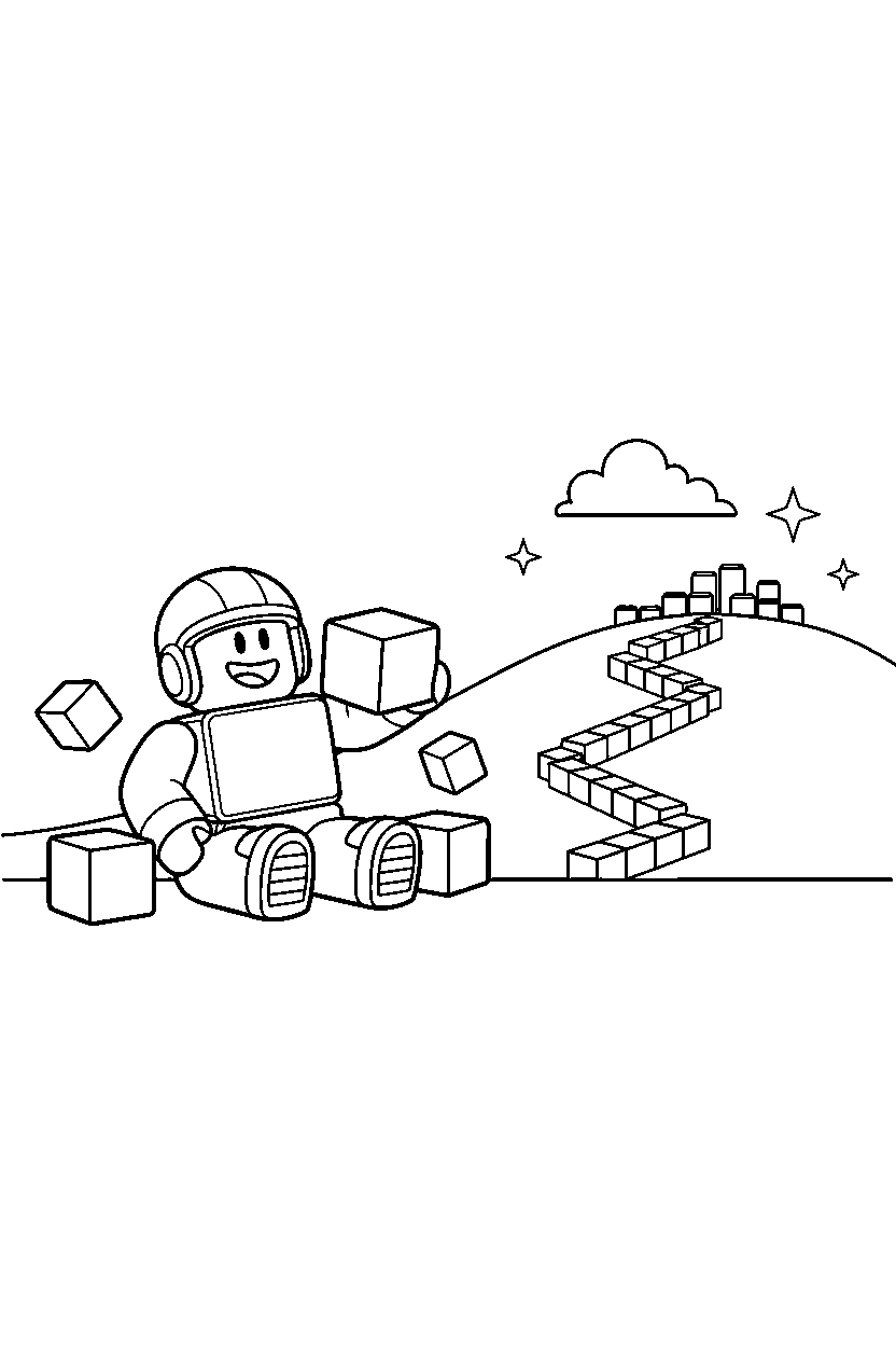 roblox funny avatar playing with blocks near a block hill path line art