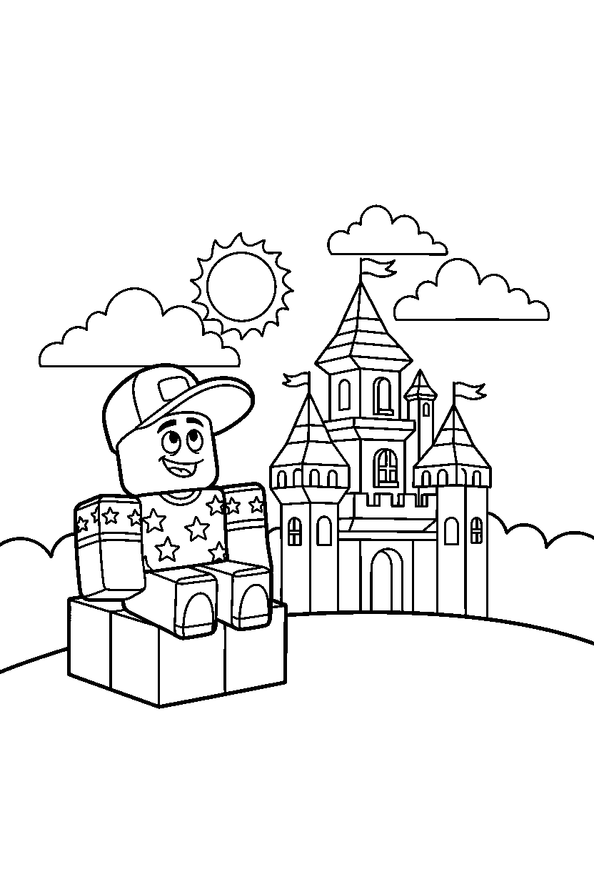 roblox funny avatar watching the sky near a block castle line art