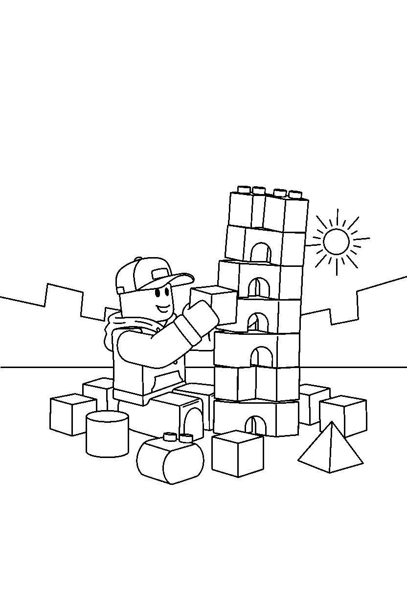 roblox gamer avatar building with blocks near a block tower line art