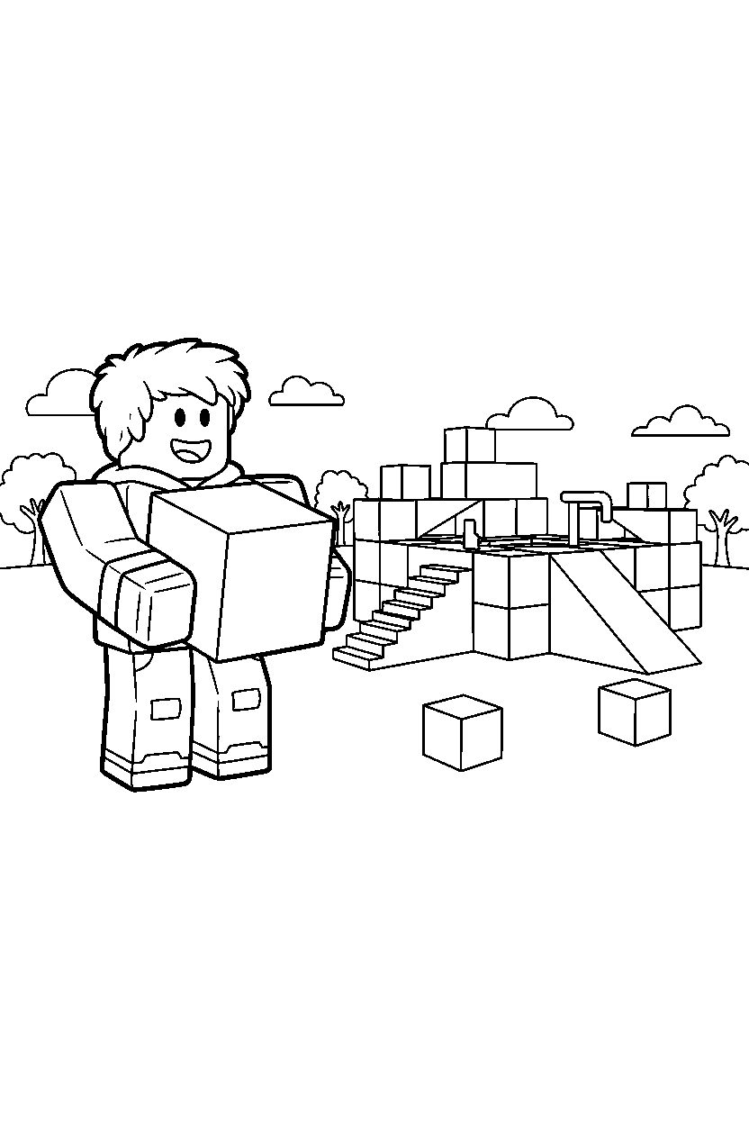 roblox gamer avatar carrying a block near a block training camp line art