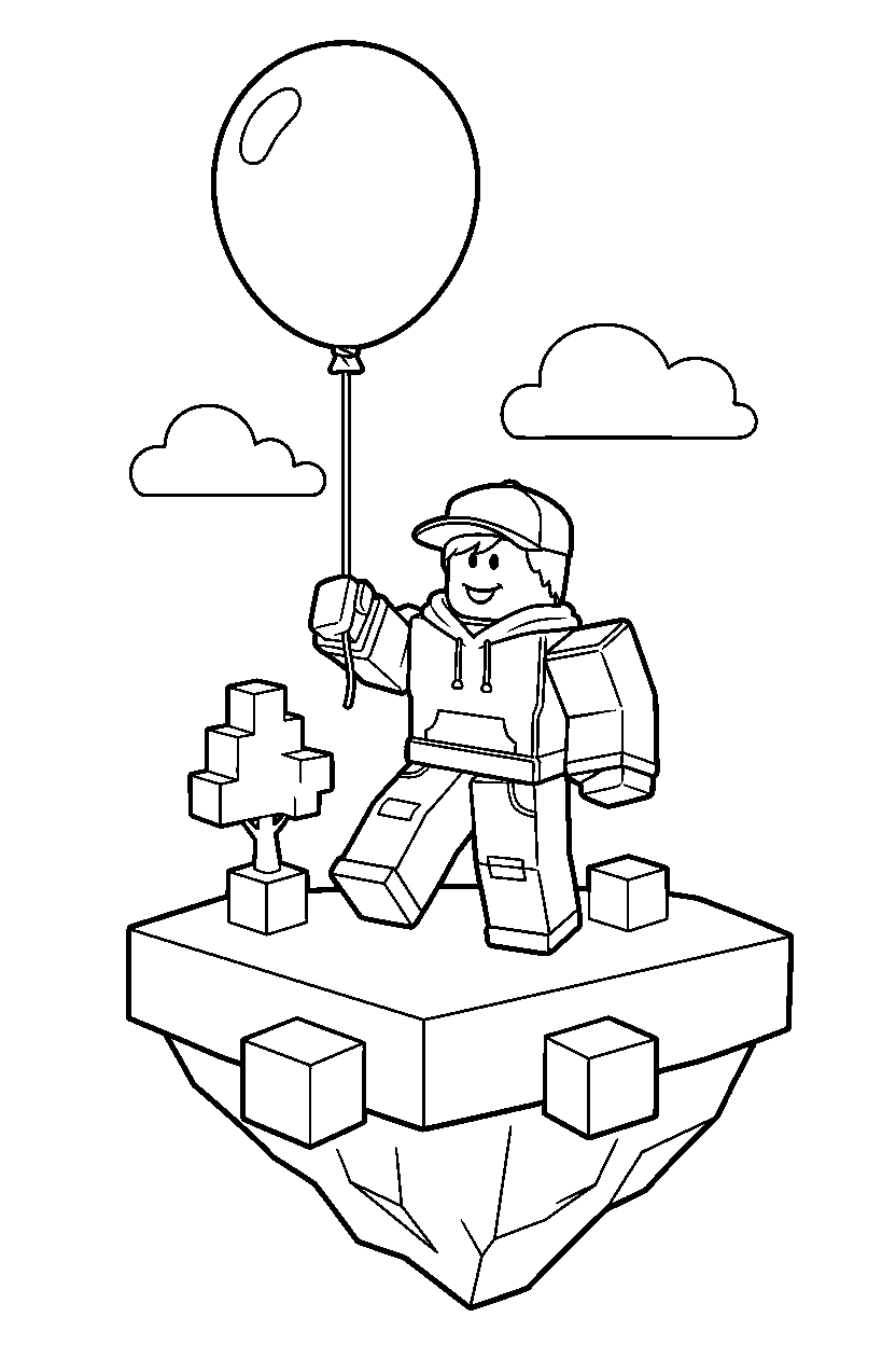 roblox gamer avatar holding a balloon on a block island line art