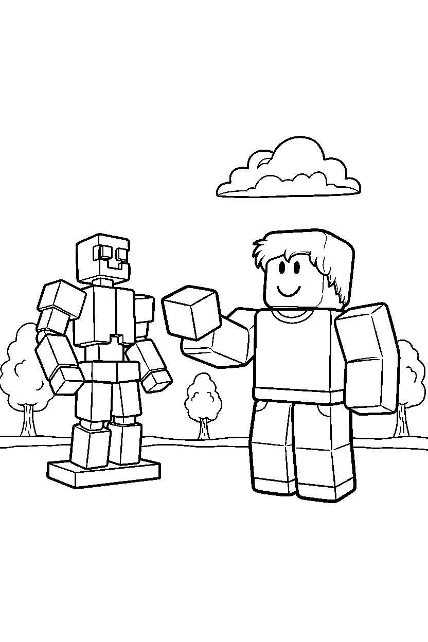 roblox gamer avatar holding a block near a block statue line art