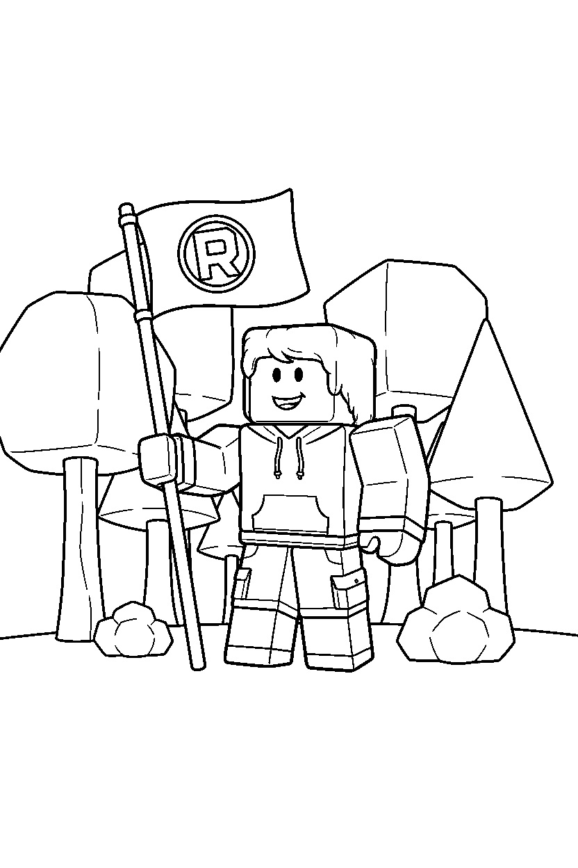 roblox gamer avatar holding a flag in a block forest line art
