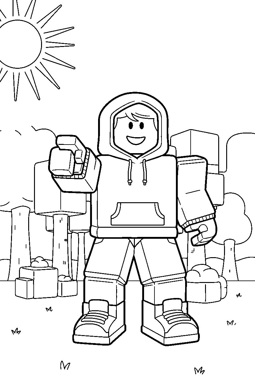 roblox gamer avatar pointing forward in a block forest line art