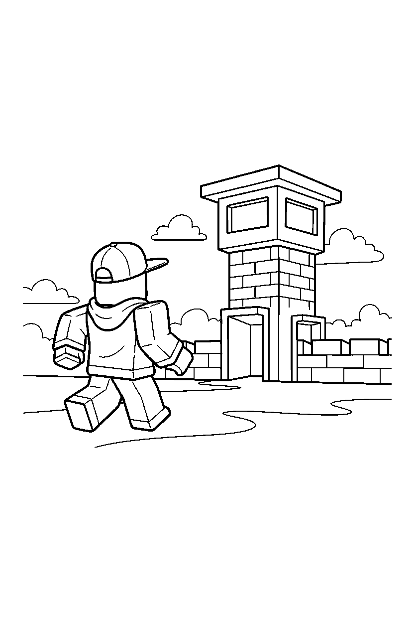roblox gamer avatar walking near a block watch tower line art