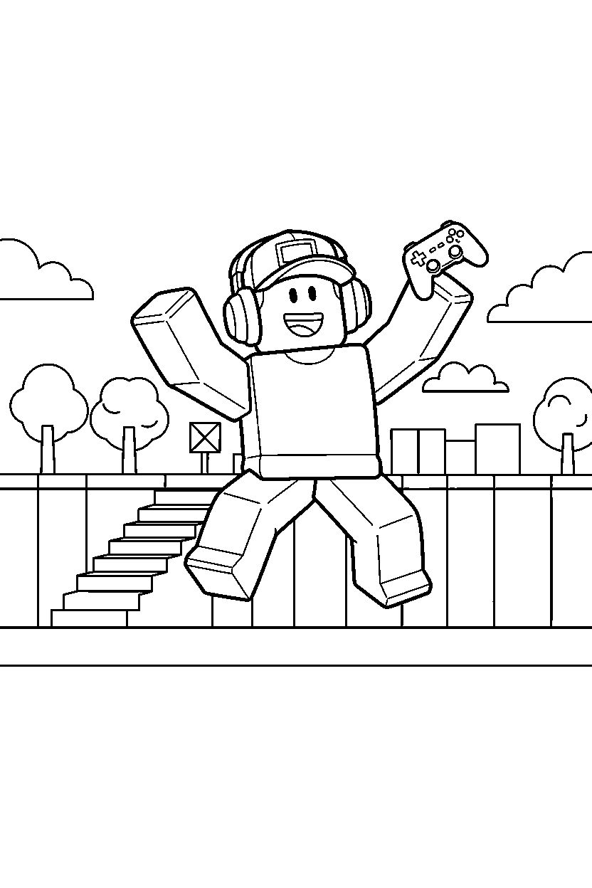 roblox gamer celebrating near a block training ground line art