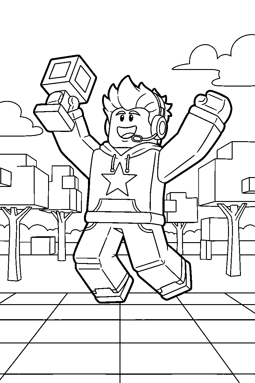 roblox gamer celebrating victory in a block park line art