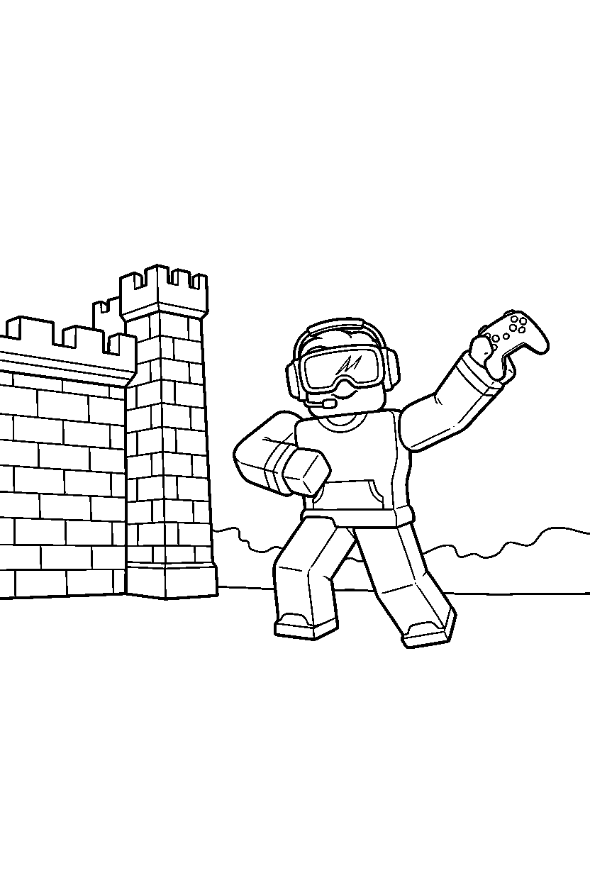 roblox gamer dancing near a block castle wall line art